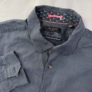 Ted Baker London Mens Navy Geometric Diamond AOP Cotton Button Up Shirt Sz 5(XL)